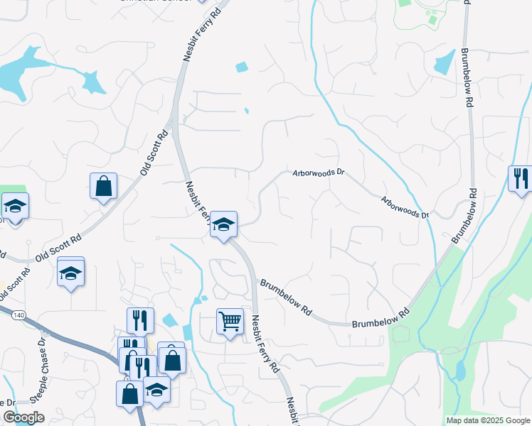 map of restaurants, bars, coffee shops, grocery stores, and more near 2885 Arborwoods Drive in Alpharetta