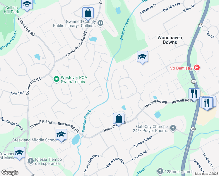 map of restaurants, bars, coffee shops, grocery stores, and more near 2160 Waters Ferry Drive in Lawrenceville