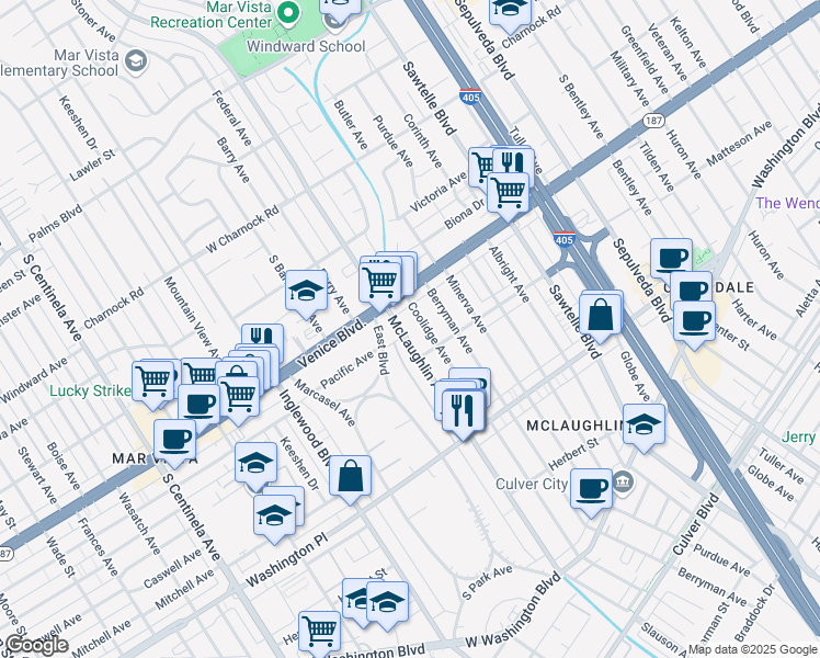 map of restaurants, bars, coffee shops, grocery stores, and more near 3836 McLaughlin Ave in Los Angeles