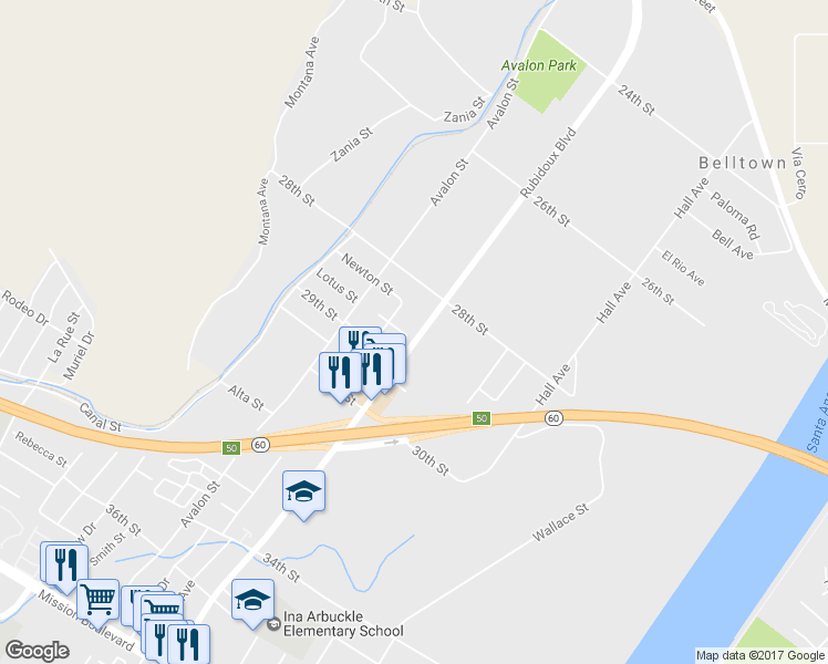 map of restaurants, bars, coffee shops, grocery stores, and more near 2859 Rubidoux Blvd in Riverside