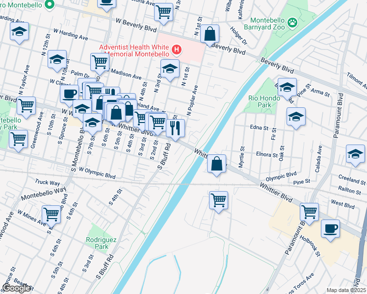 map of restaurants, bars, coffee shops, grocery stores, and more near 101 Natasha Ln in Montebello