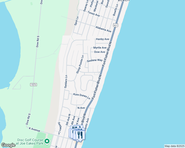 map of restaurants, bars, coffee shops, grocery stores, and more near 289 Seawatch Way in Kure Beach