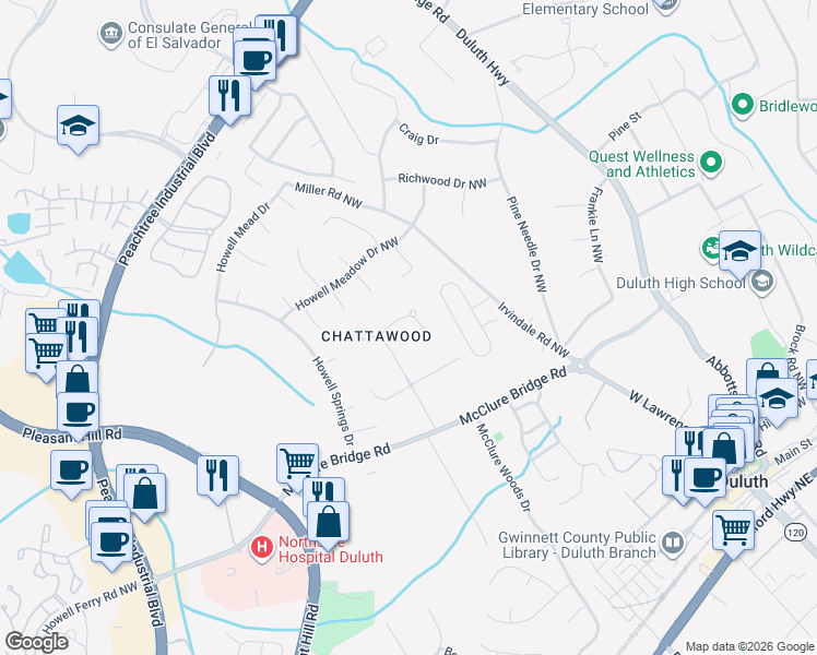 map of restaurants, bars, coffee shops, grocery stores, and more near 3344 Timber Ridge Trail in Duluth