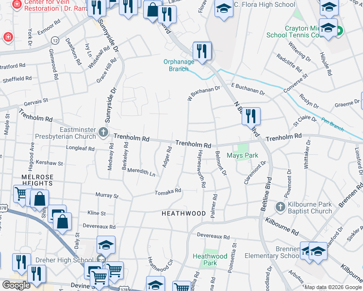 map of restaurants, bars, coffee shops, grocery stores, and more near 1543 Heatherwood Road in Columbia