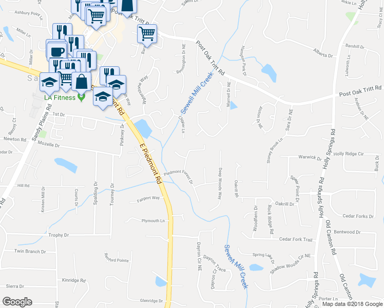map of restaurants, bars, coffee shops, grocery stores, and more near 2334 Forest Green Drive in Marietta