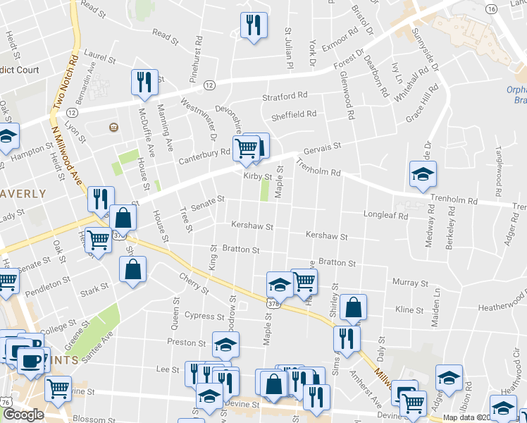 map of restaurants, bars, coffee shops, grocery stores, and more near 1416 Fairview Drive in Columbia