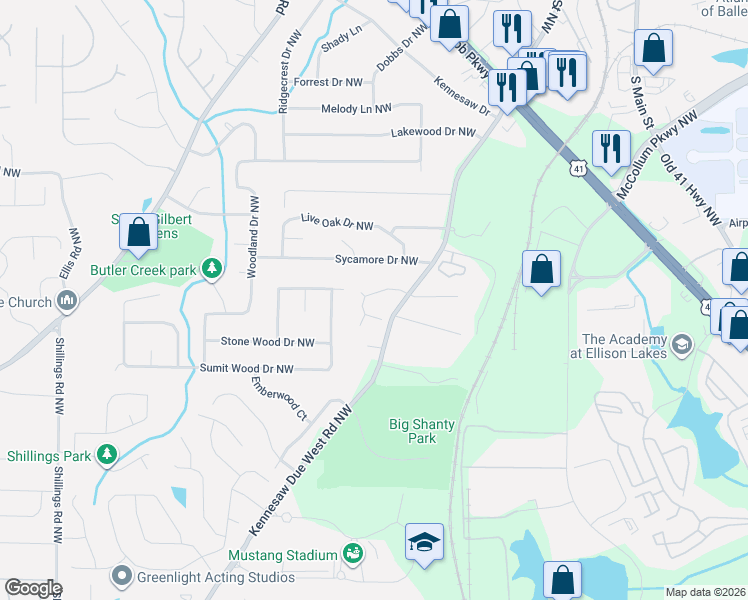 map of restaurants, bars, coffee shops, grocery stores, and more near 2327 Kennesaw Oaks Trail Northwest in Kennesaw