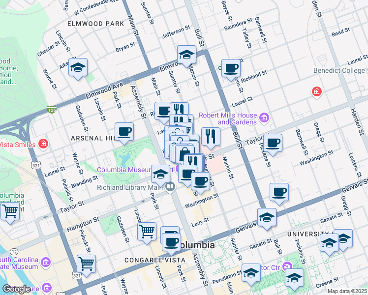 map of restaurants, bars, coffee shops, grocery stores, and more near 1644 Main Street in Columbia
