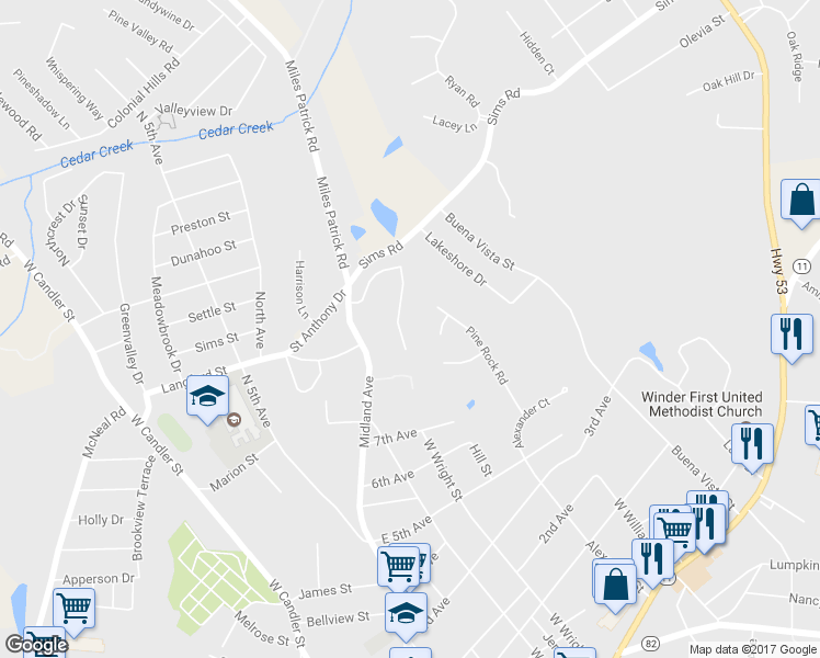 map of restaurants, bars, coffee shops, grocery stores, and more near 166 Williamsburg Way in Winder