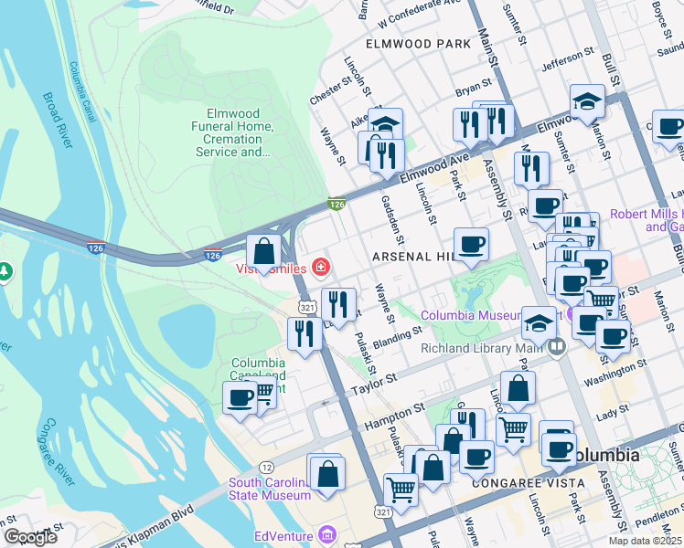 map of restaurants, bars, coffee shops, grocery stores, and more near 1911 Pulaski Street in Columbia