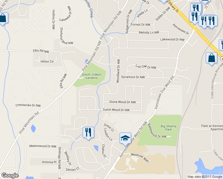 map of restaurants, bars, coffee shops, grocery stores, and more near 7000 Woodland Place Northwest in Kennesaw