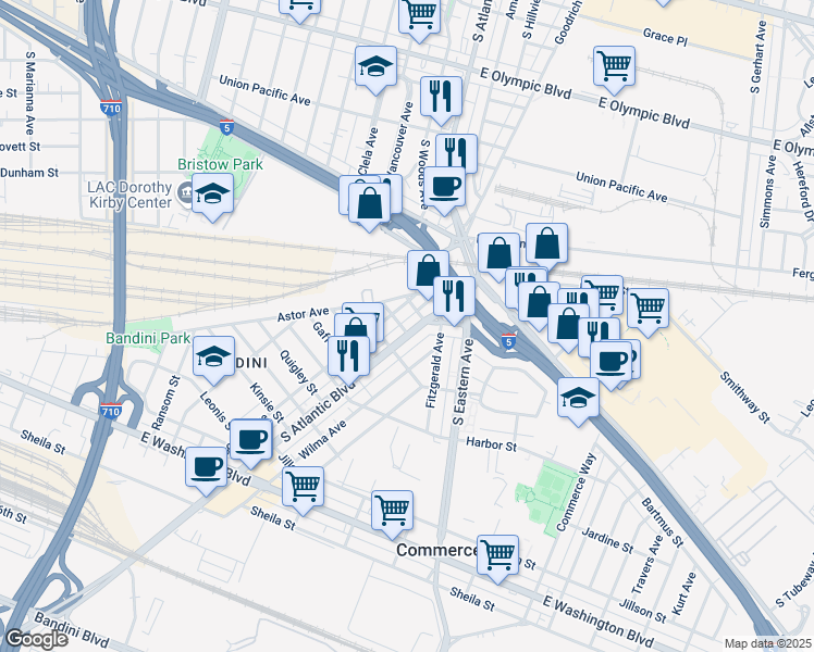 map of restaurants, bars, coffee shops, grocery stores, and more near 2119 South Atlantic Boulevard in Commerce
