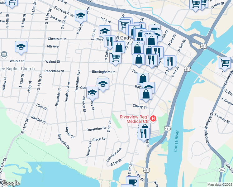 map of restaurants, bars, coffee shops, grocery stores, and more near 508 South 6th Street in Gadsden