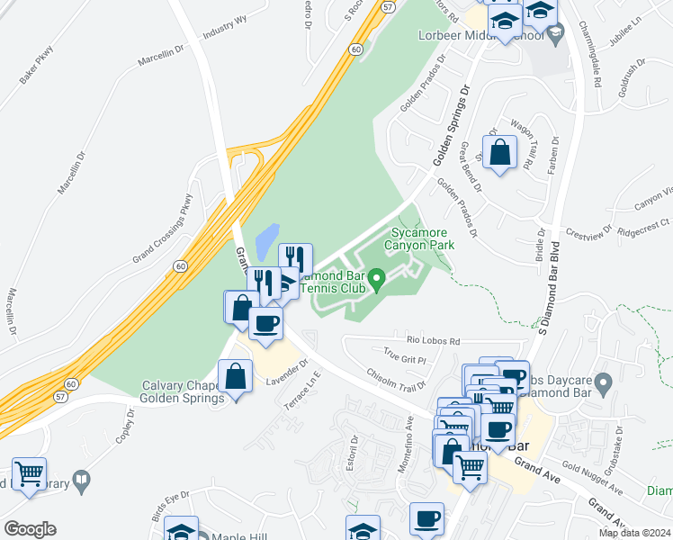 map of restaurants, bars, coffee shops, grocery stores, and more near 22741 Lakeway Drive in Diamond Bar