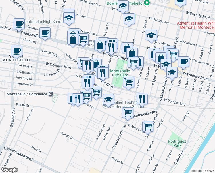 map of restaurants, bars, coffee shops, grocery stores, and more near 1425 West Olympic Boulevard in Montebello