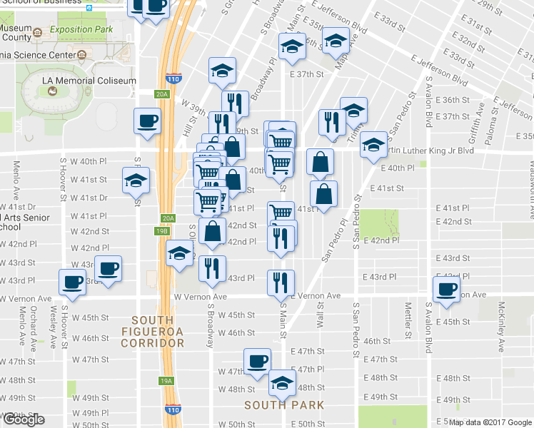 map of restaurants, bars, coffee shops, grocery stores, and more near 138 West 41st Place in Los Angeles