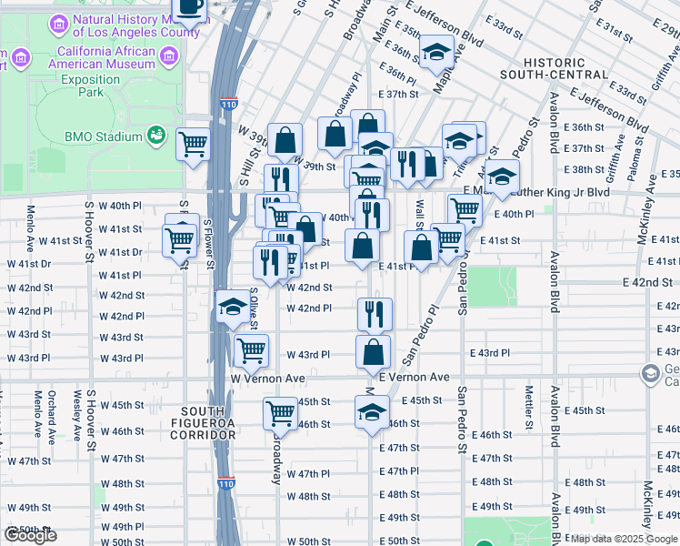 map of restaurants, bars, coffee shops, grocery stores, and more near 138 West 41st Place in Los Angeles