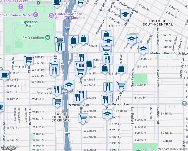map of restaurants, bars, coffee shops, grocery stores, and more near 212 West 41st Place in Los Angeles
