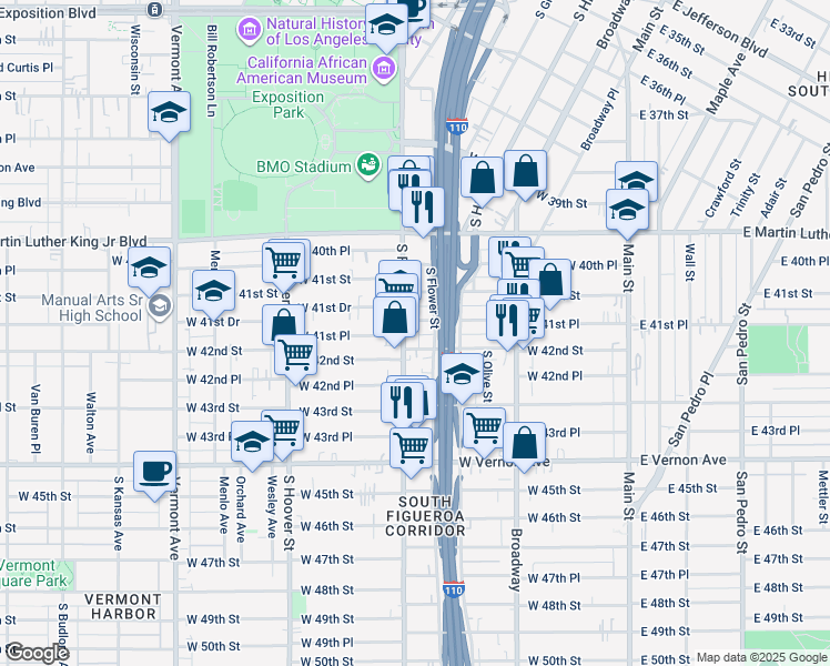 map of restaurants, bars, coffee shops, grocery stores, and more near 4160 South Figueroa Street in Los Angeles