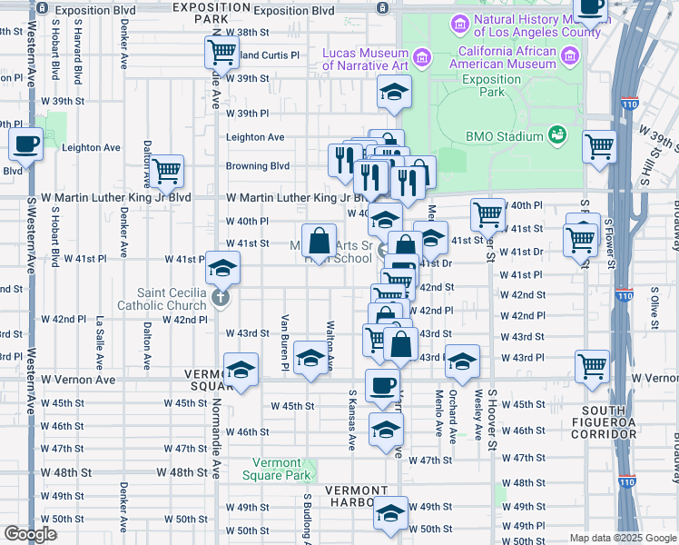 map of restaurants, bars, coffee shops, grocery stores, and more near 1102 West 41st Place in Los Angeles
