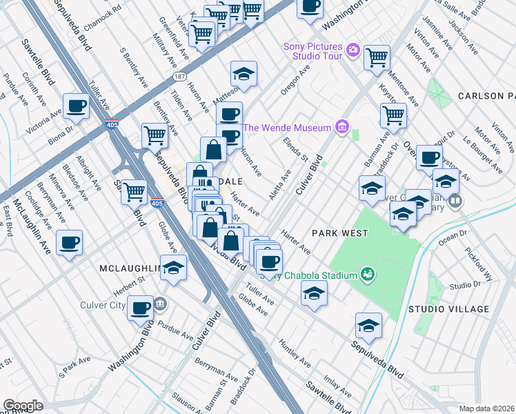 map of restaurants, bars, coffee shops, grocery stores, and more near 11038 Aletta Avenue in Culver City