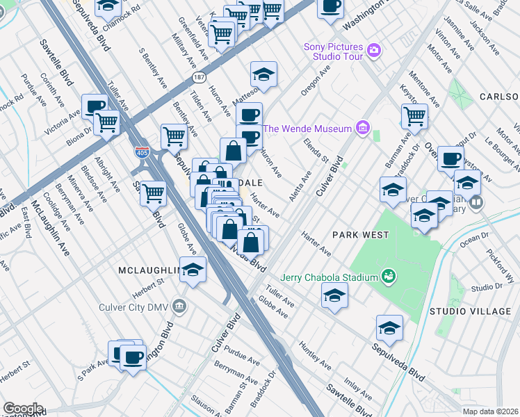 map of restaurants, bars, coffee shops, grocery stores, and more near 4108 Harter Avenue in Culver City