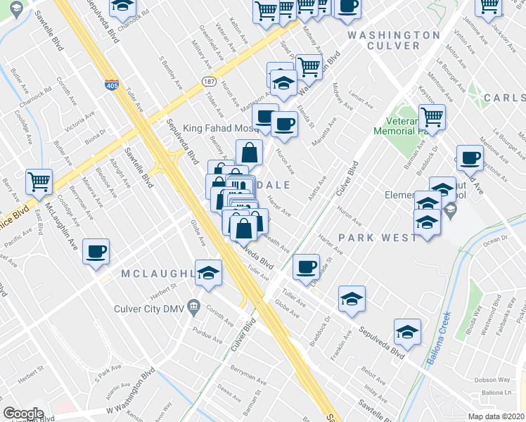 map of restaurants, bars, coffee shops, grocery stores, and more near 4122 Center Street in Culver City