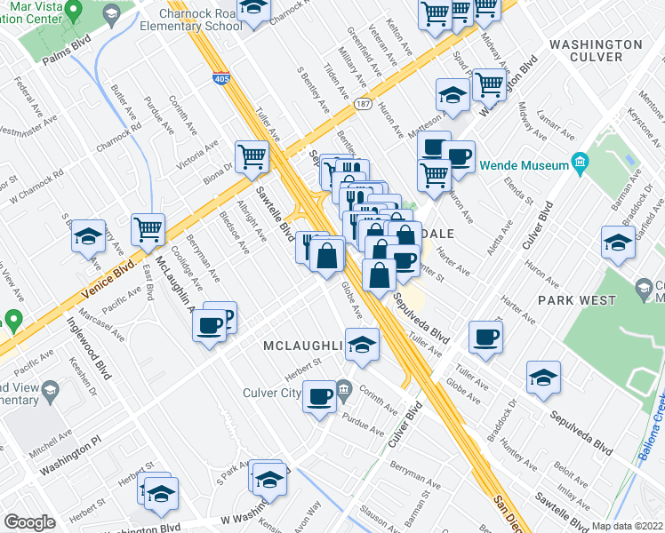 map of restaurants, bars, coffee shops, grocery stores, and more near 11263 Washington Place in Culver City