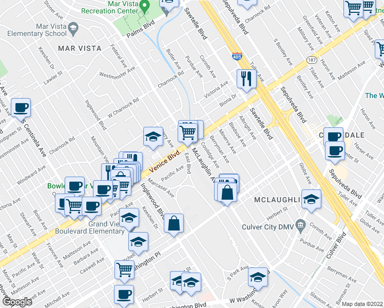 map of restaurants, bars, coffee shops, grocery stores, and more near 11806 Venice Boulevard in Los Angeles
