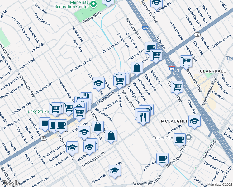 map of restaurants, bars, coffee shops, grocery stores, and more near 11806 Venice Boulevard in Los Angeles
