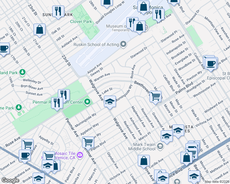 map of restaurants, bars, coffee shops, grocery stores, and more near 13117 Psomas Way in Los Angeles