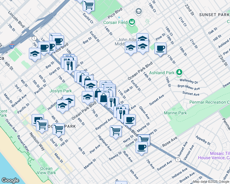 map of restaurants, bars, coffee shops, grocery stores, and more near 1034 Ocean Park Boulevard in Santa Monica