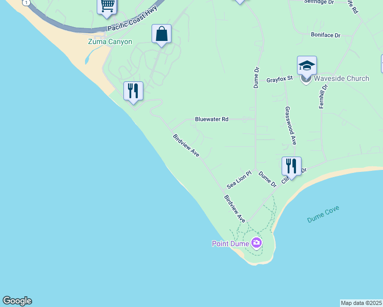 map of restaurants, bars, coffee shops, grocery stores, and more near 7133 Birdview Avenue in Malibu