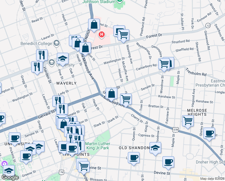 map of restaurants, bars, coffee shops, grocery stores, and more near 2439 Gervais Street in Columbia