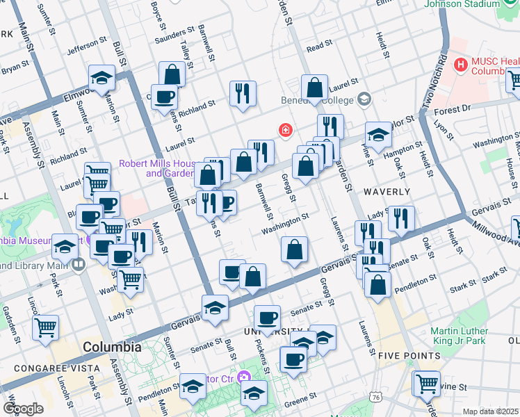 map of restaurants, bars, coffee shops, grocery stores, and more near 1444 Barnwell Street in Columbia