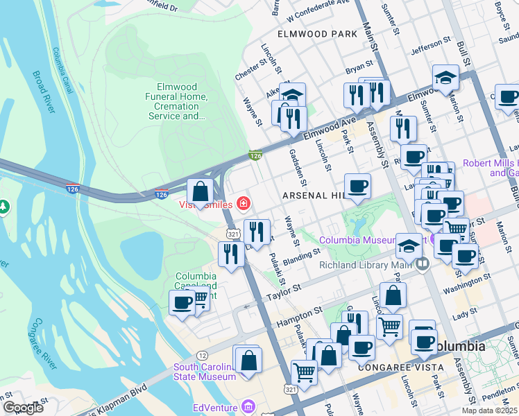 map of restaurants, bars, coffee shops, grocery stores, and more near 1911 Pulaski Street in Columbia