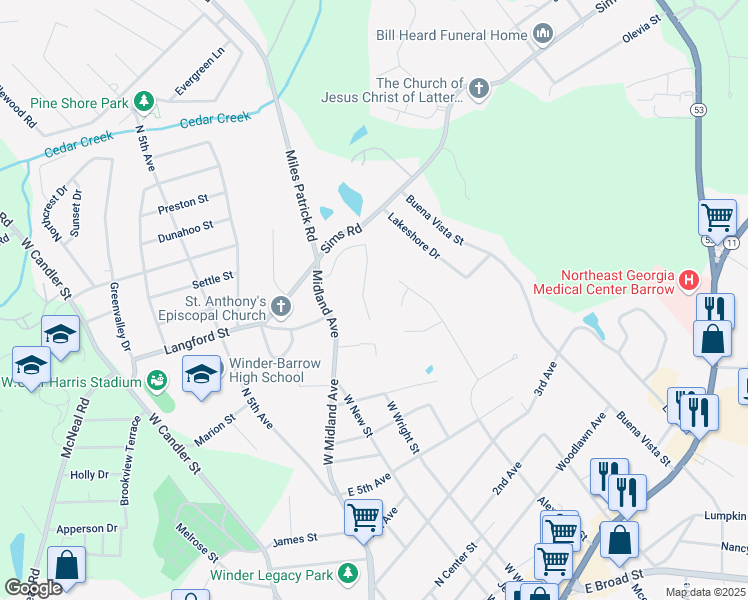 map of restaurants, bars, coffee shops, grocery stores, and more near 166 Williamsburg Way in Winder