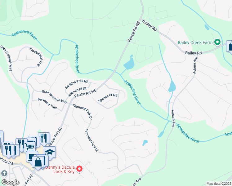 map of restaurants, bars, coffee shops, grocery stores, and more near 2896 Spence Court Northeast in Dacula