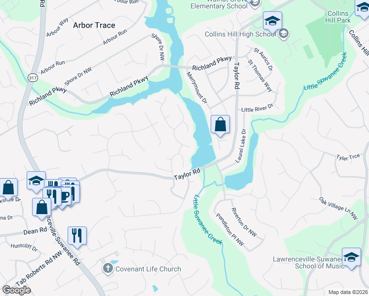 map of restaurants, bars, coffee shops, grocery stores, and more near 2130 Wildwood Lake Drive in Suwanee
