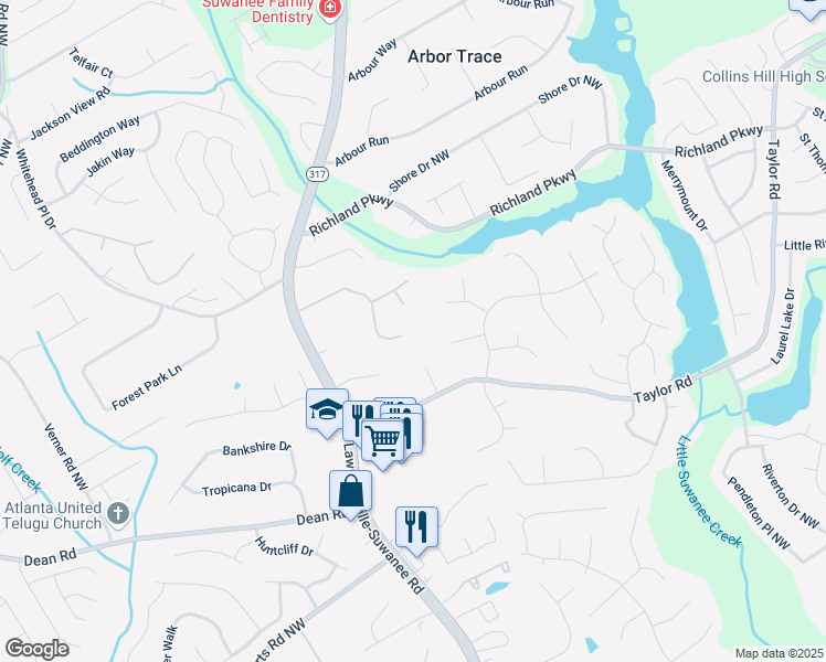 map of restaurants, bars, coffee shops, grocery stores, and more near 307 Lee Miller Drive in Suwanee