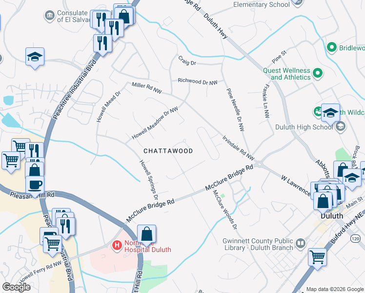map of restaurants, bars, coffee shops, grocery stores, and more near 3344 Timber Ridge Trail in Duluth
