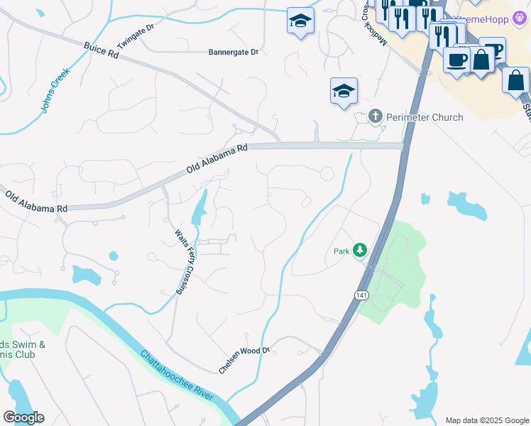 map of restaurants, bars, coffee shops, grocery stores, and more near 9290 Prestwick Club Drive in Duluth