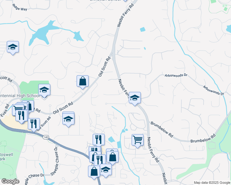 map of restaurants, bars, coffee shops, grocery stores, and more near 160 Arden Place in Alpharetta