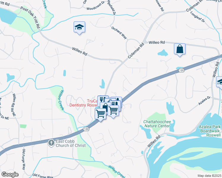 map of restaurants, bars, coffee shops, grocery stores, and more near 1090 Coleman Place Drive in Roswell