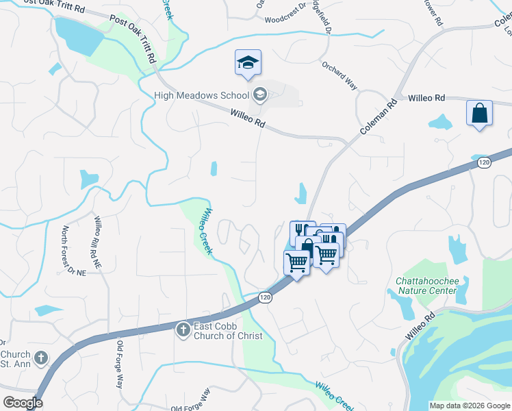 map of restaurants, bars, coffee shops, grocery stores, and more near 1150 Mosspointe Drive in Roswell