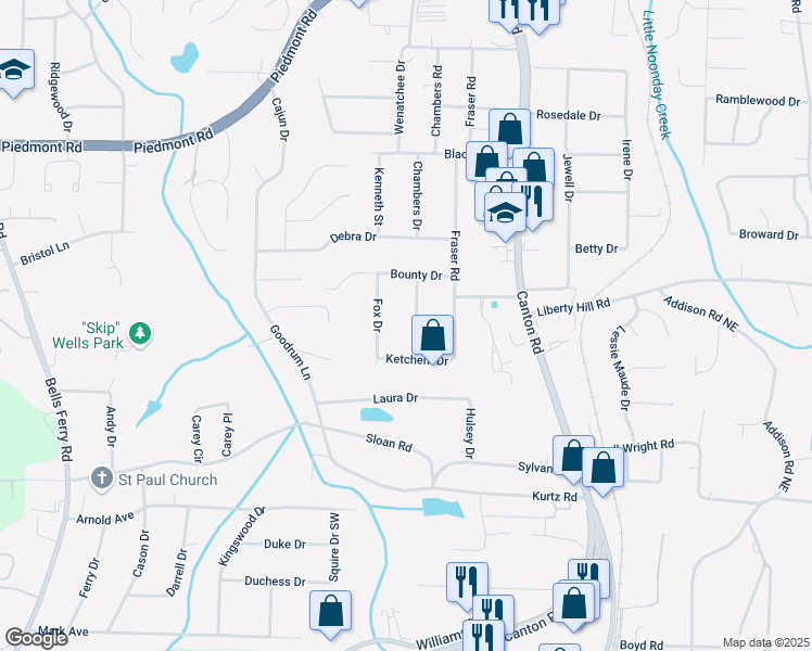 map of restaurants, bars, coffee shops, grocery stores, and more near 2307 Woodridge Drive in Marietta