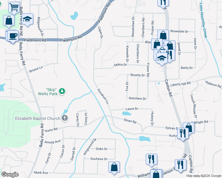 map of restaurants, bars, coffee shops, grocery stores, and more near 494 Edward Court in Marietta