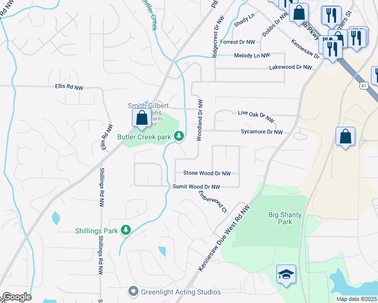 map of restaurants, bars, coffee shops, grocery stores, and more near 7000 Woodland Place Northwest in Kennesaw