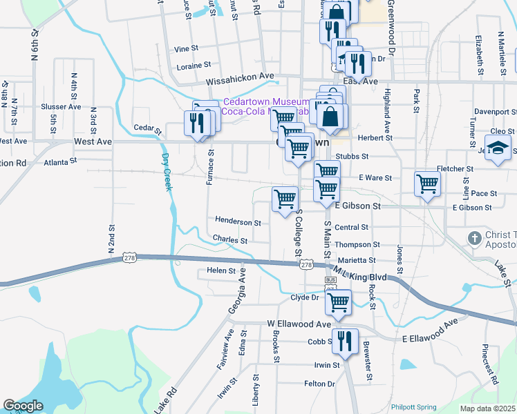 map of restaurants, bars, coffee shops, grocery stores, and more near 308 Henderson Street in Cedartown