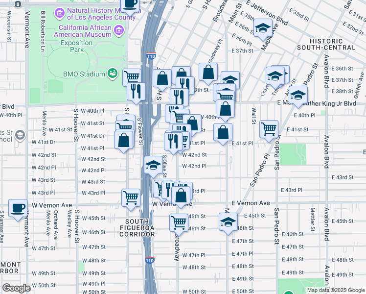 map of restaurants, bars, coffee shops, grocery stores, and more near 4152 South Broadway in Los Angeles